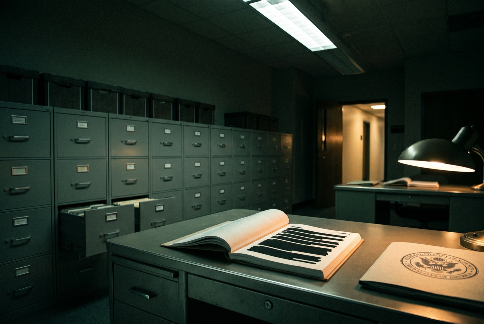A redacted federal record in an institutional file room, the answer blacked out